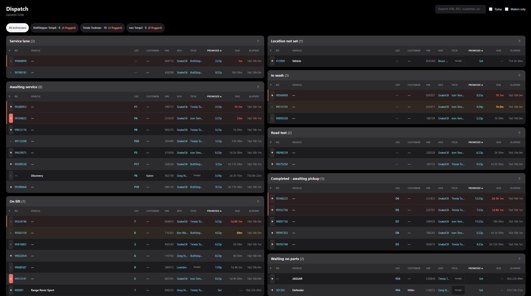 The Dealer Synapse Dispatch board, showing every vehicle in the shop grouped by status with promised times, due times and technician assignments