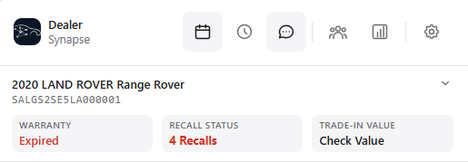 Dealer Synapse console showing a decoded VIN with warranty, recall, and trade-in status
